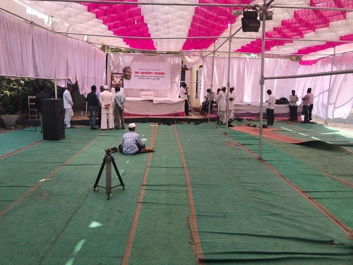 The Pandal outside Yadav Baba temple in Ralegan Siddhi where Anna Hazare is sitting on hunger strike. Hazare sits inside the temple for the most part of the day as there were very few people present in the pandal.