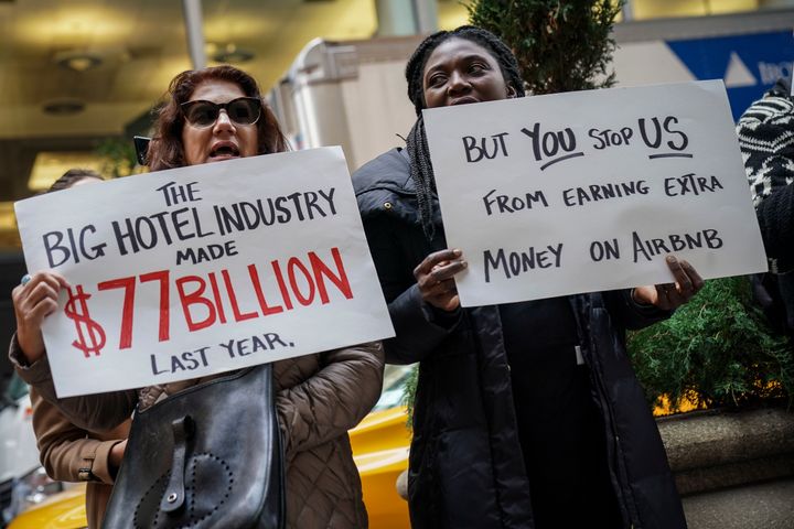 Supporters of Airbnb outside the InterContinental New York Barclay Hotel in November 2018, where global hotel industry executives and city officials were holding a conference on how to rein in Airbnb.
