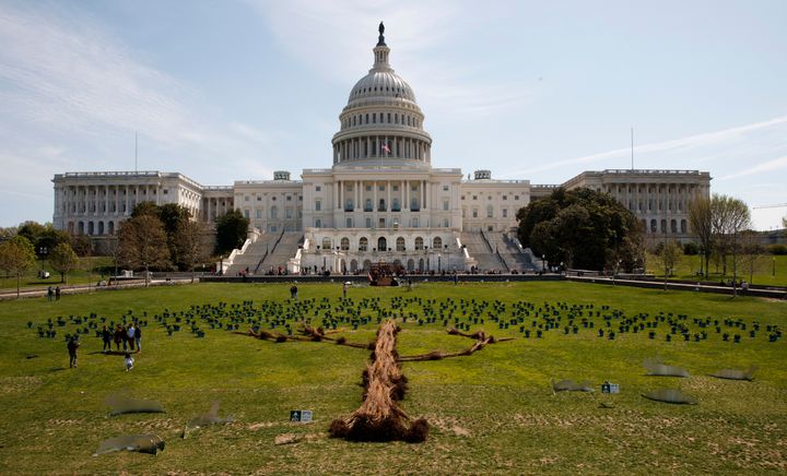 A tree art installation made up of individual trees and hydrangeas is arranged in front of the U.S. Capitol on April 22, 2018, to celebrate Earth Day.