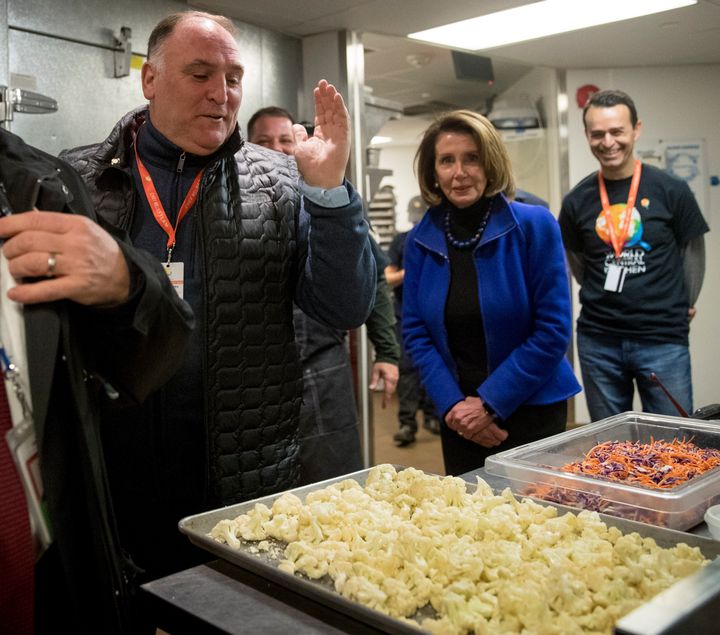 Chef Jose Andres gives House Speaker Nancy Pelosi a tour of one of the kitchens of World Central Kitchen, his nonprofit, which served meals to those affected by the government shutdown in Washington on Jan. 22, 2019.