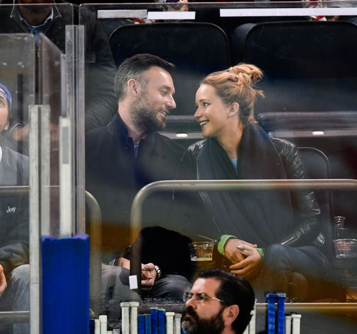 Jennifer Lawrence and Cooke Maroney at a hockey game in November