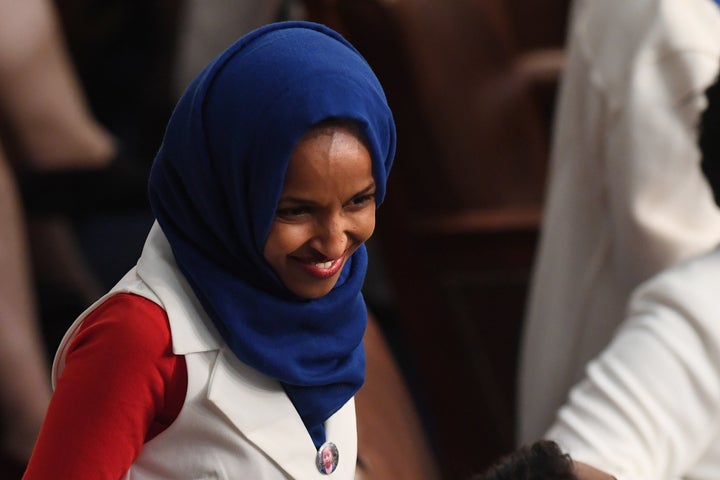 Rep. Ilhan Omar wears a pin to commemorate Jakelin Caal Maquin, the 7-year-old Guatemalan girl who died in U.S. custody in December. 