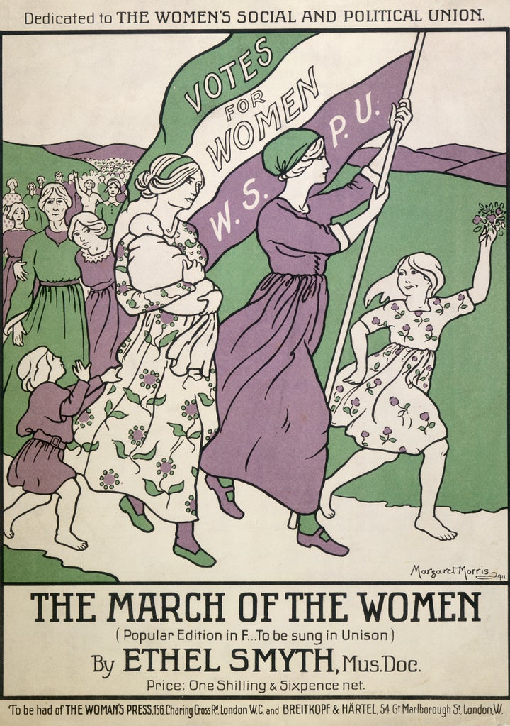 Songsheet of "The March of the Women," from 1911. The songsheet is colored in the suffrage colors: purple, white and green. This anthem was written by Ethel Smyth in 1911 and was dedicated to Emmeline Pankhurst, a leading campaigner in the suffrage movement.