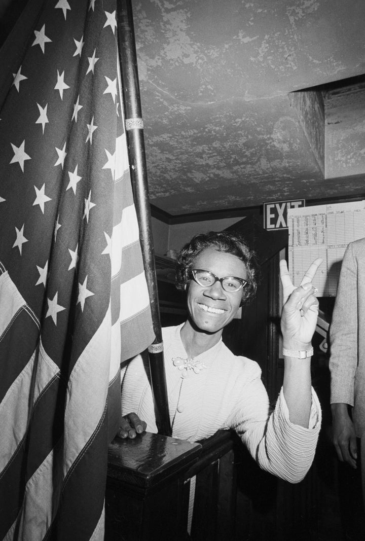 Shirley Chisholm gives the victory sign after winning the congressional election in Brooklyn's 12th District in 1968. She defeated civil rights leader James Farmer to become the first African American woman elected to Congress.