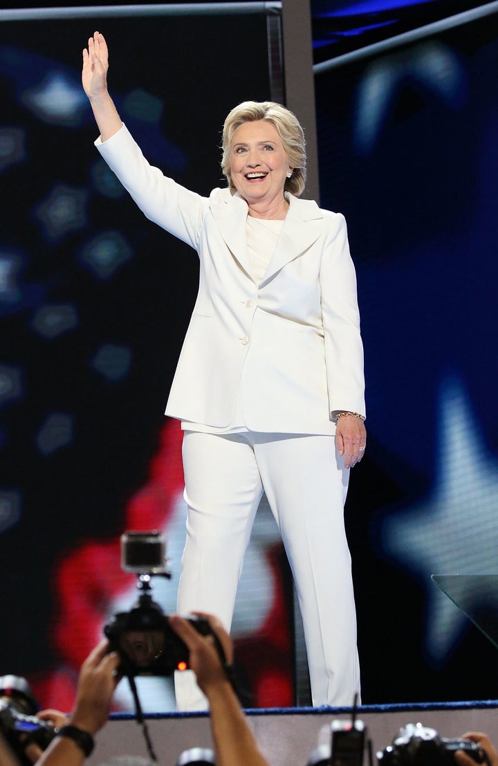 Democratic presidential candidate Hillary Clinton acknowledges the crowd at the end on the fourth day of the Democratic National Convention at the Wells Fargo Center, July 28, 2016, in Philadelphia.