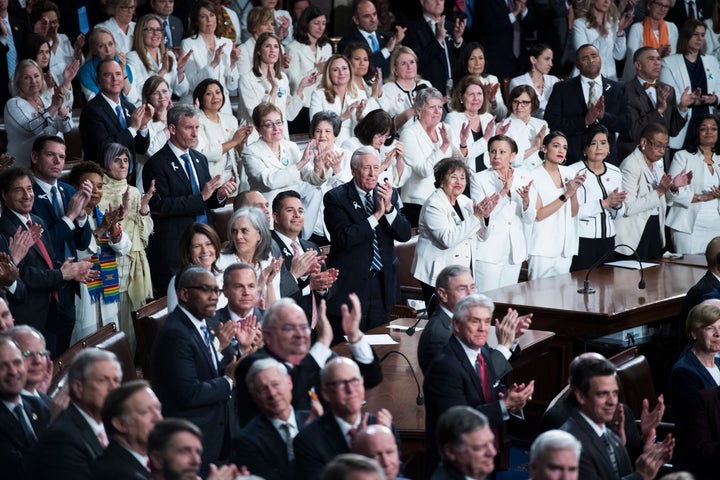 Women leaders of the House of Representatives wore white as President Donald Trump delivered his State of the Union address on Tuesday, Feb. 5, 2019.