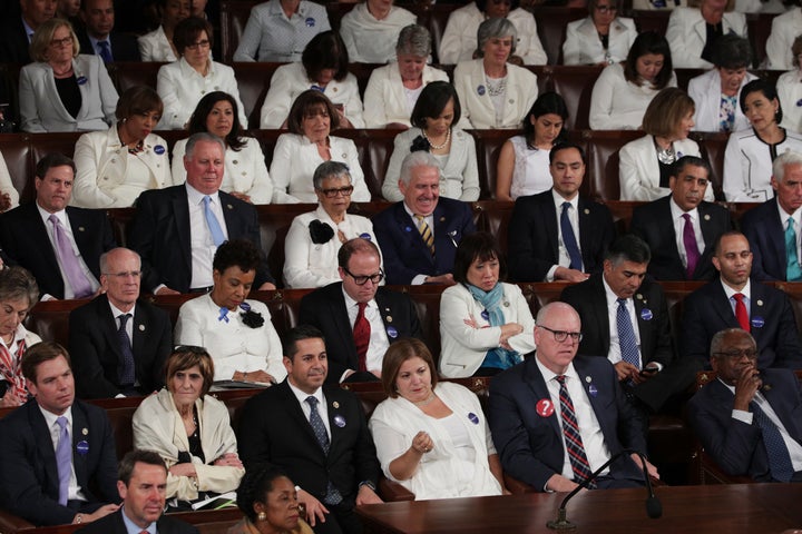 Members of Congress look on as President Trump addresses a joint session of the U.S. Congress on Feb. 28, 2017, in the House chamber of the U.S. Capitol in Washington.