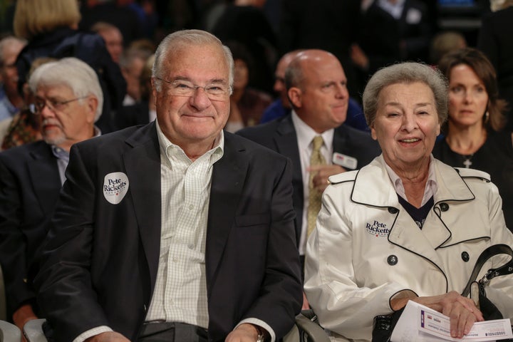 In this Oct. 2, 2014 photo, Joe and Marlene Ricketts attend a political debate in Lincoln, Nebraska. 