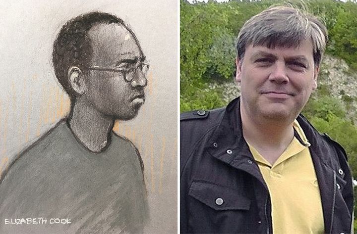 Darren Pencille, sketched left, denies murdering father Lee Pomeroy, right.