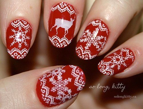 Red and White Lace Christmas Nail Art