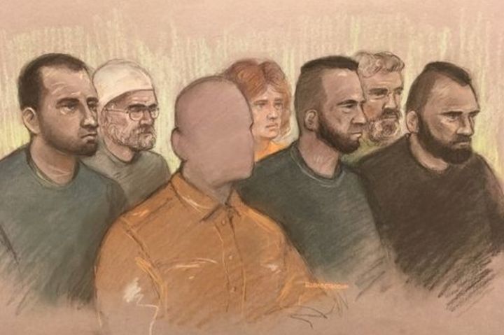 Court artist sketch by Elizabeth Cook of (left to right) Norbert Pulko, Saied Hussini, father of three-year-old boy (who cannot be identified), Martina Badiova, Adam Cech, Jabar Paktia and Jan Dudi, in the dock at Worcester Crown Court charged for their alleged part in an attack on the child who was squirted with acid