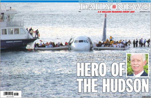 Front page of the Daily News for January 16, 2009, headline 