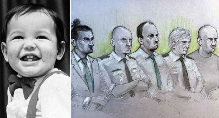 Murdered toddler Chi Ming Shek and a court artist sketch of the men accused in relation to the killing David Gaut: (l-r) David Osborne, Ieuan Harley, and Darran Evesham, during their trial at Newport Crown Court