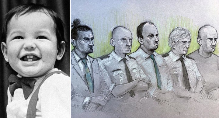 Murdered toddler Chi Ming Shek and a court artist sketch of the men accused in relation to the killing David Gaut: (l-r) David Osborne, Ieuan Harley, and Darran Evesham, during their trial at Newport Crown Court