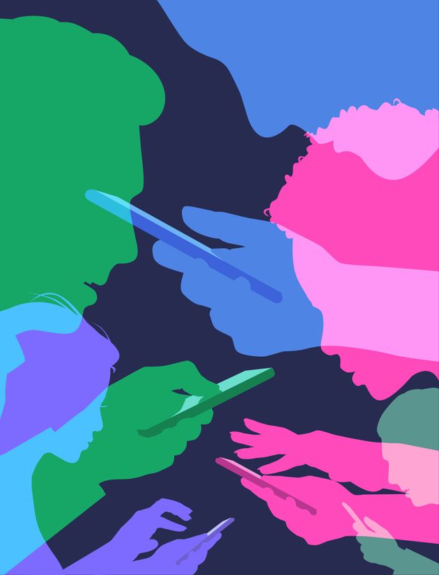 Colourful overlapping silhouettes of mobile phone users