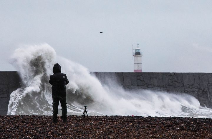 A photographer captures Storm Erik, as large waves and rough seas hit Newhaven, East Sussex.