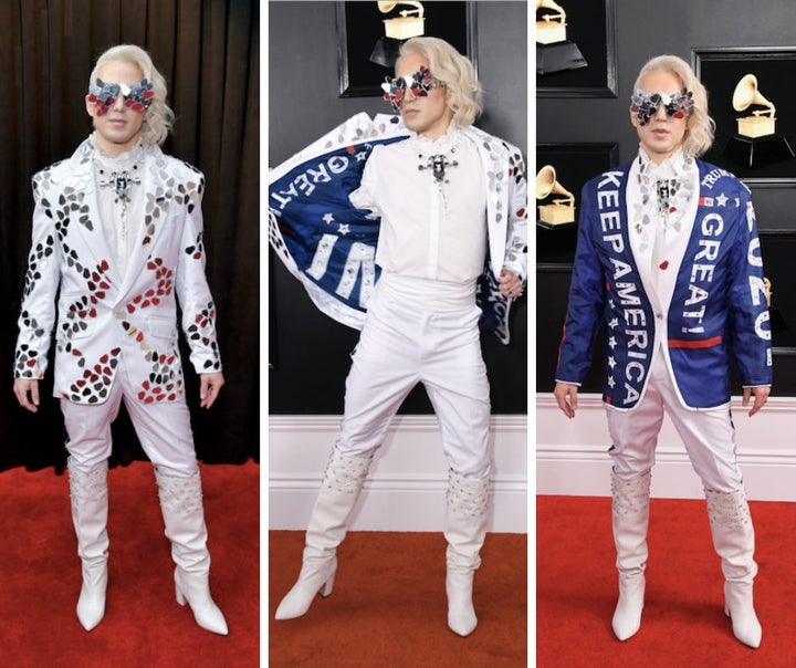 Ricky Rebel revealing his Trump jacket on the red carpet. 