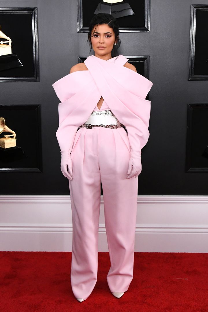 At the Grammys on Feb. 10, Kylie Jenner’s halter top flared out into pink gloves and oversize pants.