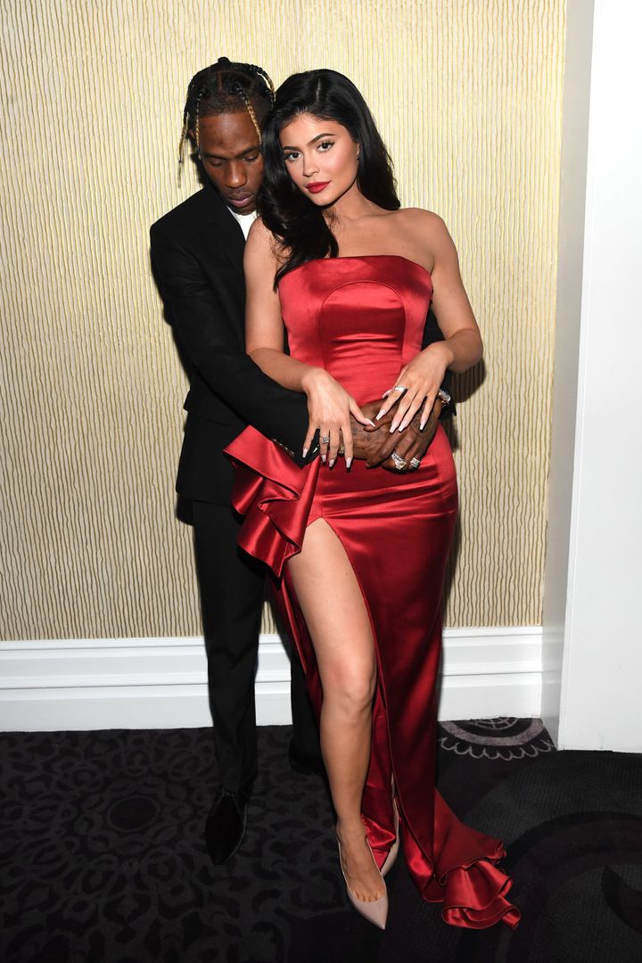 Travis Scott and Kylie Jenner during the Pre-Grammy Gala and Grammy Salute to Industry Icons Honoring Clarence Avant at The Beverly Hilton Hotel. 
