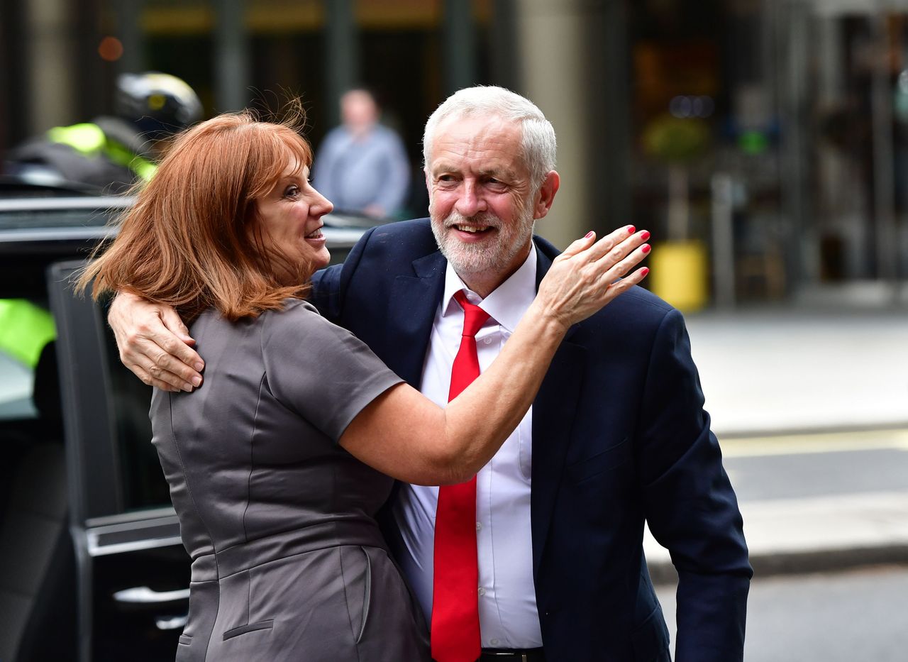 Jeremy Corbyn congratulated by chief of staff Karie Murphy after the 2017 election