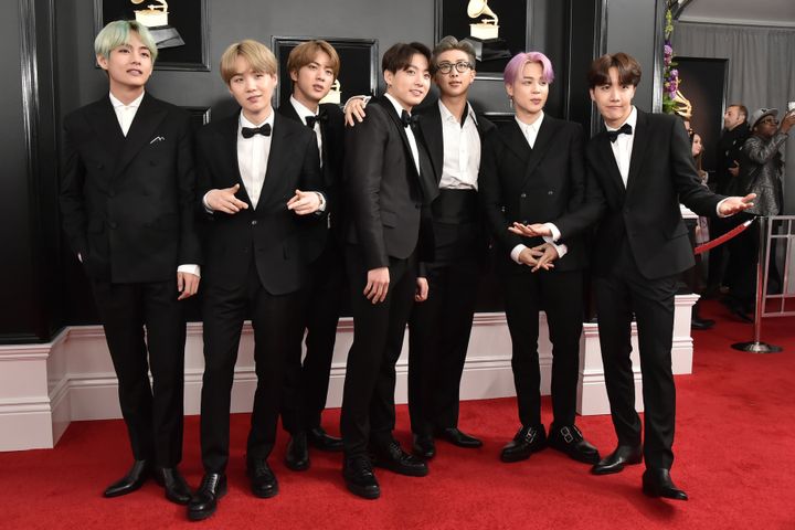 BTS at the Grammy Awards in Los Angeles on Feb. 10. The group became the first Korean act to attend and appear onstage at the awards show.