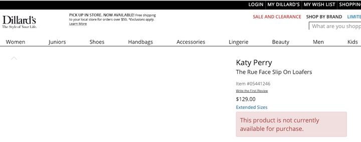 How the page for Katy Perry’s “Rue Face Slip On Loafers” looked at one point on Dillard’s website Monday afternoon.