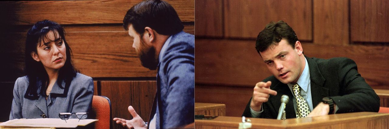 Lorena Bobbitt and her lawyer James Lowe (left) and John Wayne Bobbitt (right) during her trial in 1994. 