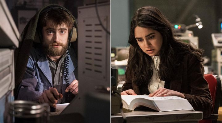 Craig (Daniel Radcliffe) and Eliza (Geraldine Viswanathan), two angels toiling away on "Miracle Workers."