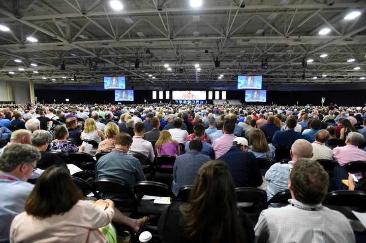 Attendees listen to a speaker at the June meeting of the Southern Baptist Convention.