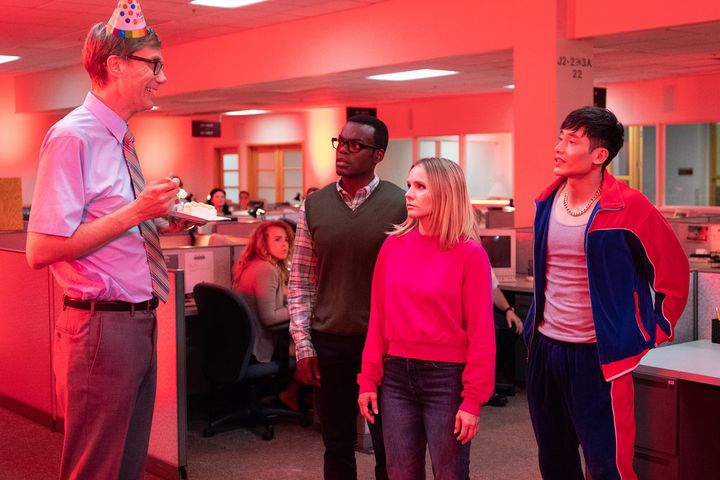 Just another chaotic office birthday party on "The Good Place."