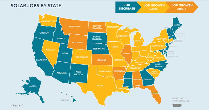 A map from the report shows where jobs increased and decreased from 2017 to 2018.