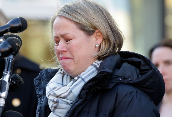 Becky Maki, aunt of texting suicide victim Conrad Roy III, is emotional as she faces reporters outside Taunton District Court, in Taunton, Mass., following a hearing Monday, Feb. 11, 2019 where defendant Michelle Carter's 15-month prison term was upheld. 