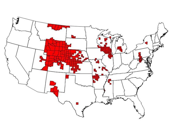 As of January, there were 251 counties in 24 states with reported CWD in free-ranging cervids. Those states are Arkansas, Colorado, Illinois, Iowa, Kansas, Maryland, Michigan, Minnesota, Mississippi, Missouri, Montana, Nebraska, New Mexico, New York, North Dakota, Pennsylvania, South Dakota, Tennessee, Texas, Utah, Virginia, West Virginia, Wisconsin and Wyoming.