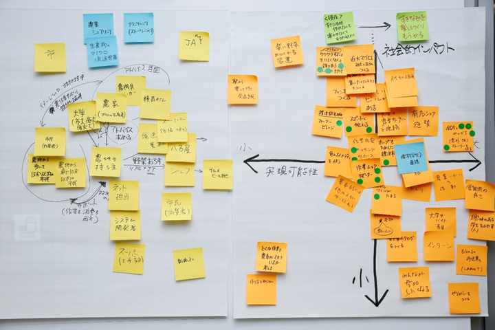 「実現可能性」と「社会的インパクト」をもとに分類されたアイデア