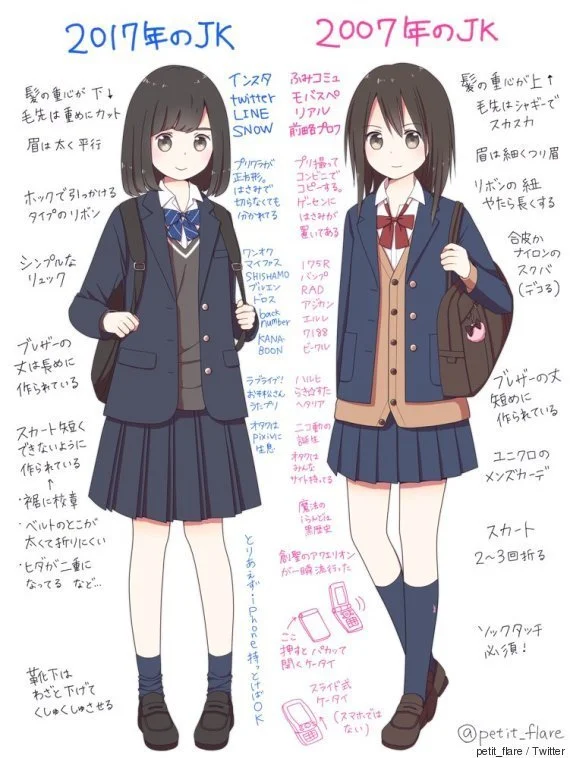 Jkの服装 流行り 10年でどう変わった 比較絵に反響 スカート2 3回折る ソックタッチ必須 ハフポスト これからの経済