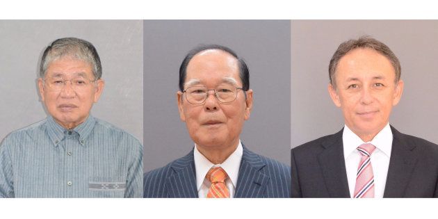 左から当選を確実にした沖縄1区の赤嶺政賢氏（69）、2区の照屋寛徳氏（72）、3区の玉城デニー氏（58）。