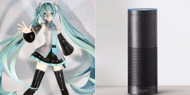 初音ミクのフィギュア（左）と「Amazon Echo」