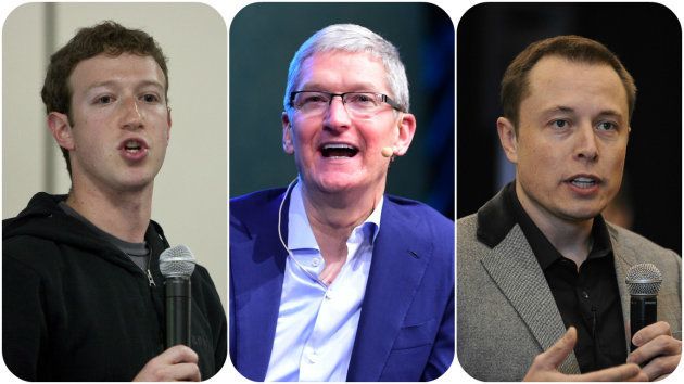 （左から）Facebookのマーク・ザッカーバーグ氏、アップルのティム・クック氏、テスラのイーロン・マスク氏。アメリカの名だたる企業の経営者らがパリ協定離脱を表明したトランプ氏を批判した。