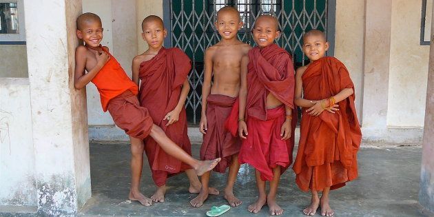 Young Buddhist monks in Mon Village outside Yangoon, Myanmar