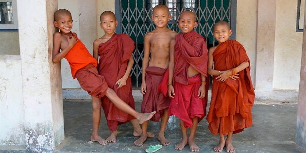 Young Buddhist monks in Mon Village outside Yangoon, Myanmar