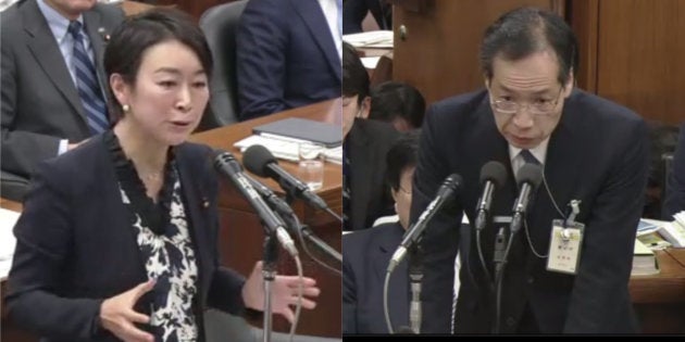 山尾志桜里氏（左）と警察庁・田中長官官房審議官（右）