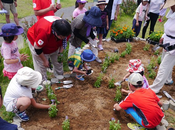 7月に実施した「西会津ワクワク子ども塾」では、西会津町の親子を相馬市へ招き、花壇に花の苗を植えました（2017年7月22日）