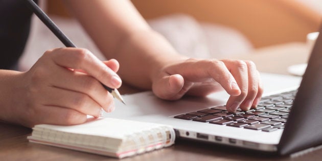 Business woman working on desk. Business and technology concept.