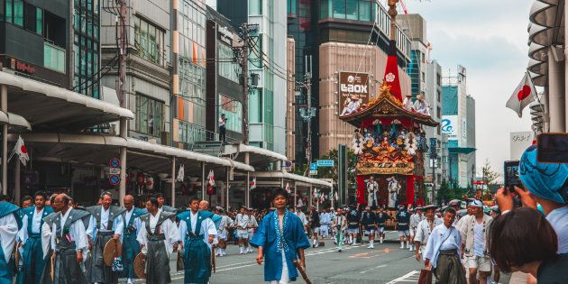 KYOTO, JAPAN - JULY 17, 2017: Gion Matsuri Floats are wheeled through the city in Japans most famous festival.