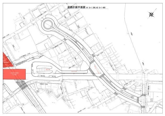 下北沢の中心部を貫く、補助54号線と区道10号線と駅前広場。しかし、補助54号線の用地買収はあまり進んでいない。