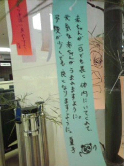 病院の短冊に書いた願い事。「赤ちゃんが一日でも長く体内にいてくれて、元気な赤ちゃんがうまれますように。予後が少しでも良くなりますように。夏子」