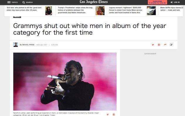 ロサンゼルス・タイムズは、「グラミー賞は初めて最優秀アルバム賞から白人男性を締め出した」との見出しで記事を掲載した。