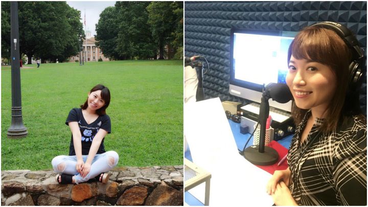 左：ノースカロライナ大学のキャンパスにて、真奈美さんの最後の日に撮った一枚。右：全米ラジオ「さくらラジオ」のDJを担当していらっしゃる真奈美さん