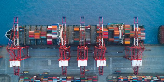 Shanghai,China-Nov 26,2017:aerial view of container ship parking at Yangshan Shanghai Deepwater Container Port,which is the world most busy container port