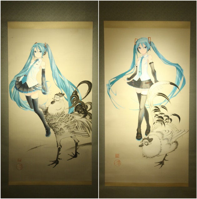 「鶏の尾の筆遣いと、初音ミクの髪の毛の筆遣いに近いものが感じられた為、組み合わせて描きました」